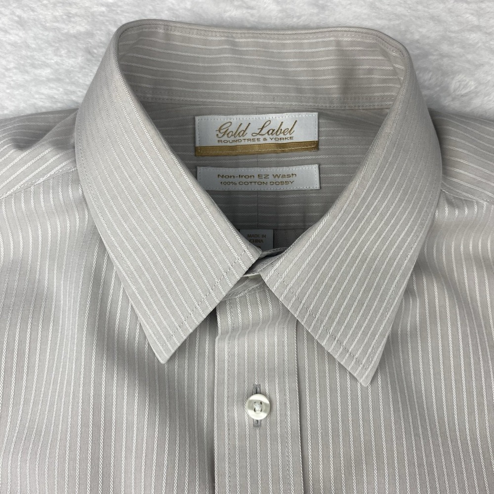 Roundtree & Yorke Gold Label Dress Shirt Mens 16-33 Beige Stripes Non Iron Dobby - Picture 2 of 7